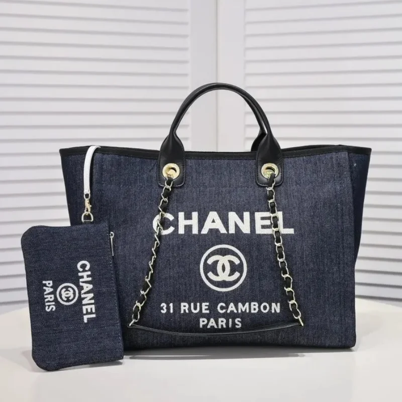 Chanel Navy Blue Denim Large Deauville Shopping Tote Replica